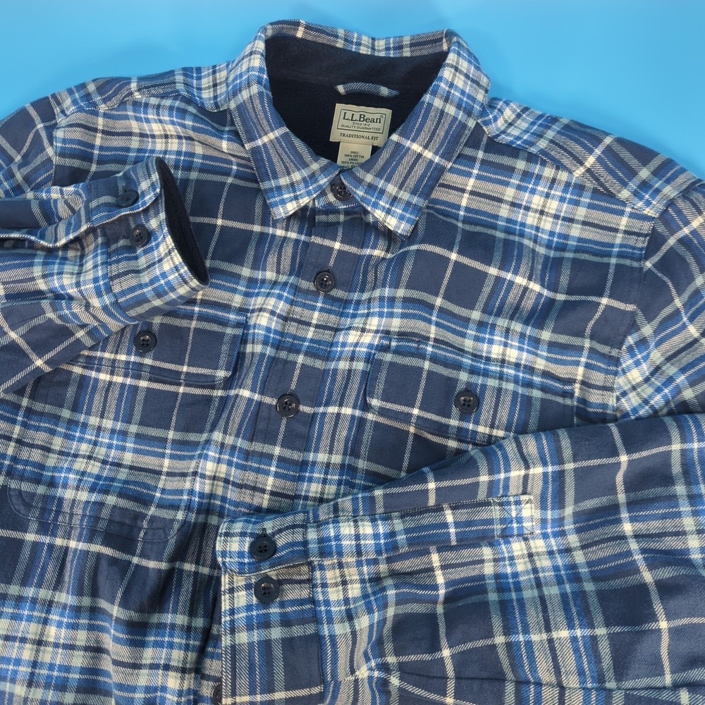 LL Bean Mens Large Fleece Lined Heavy Flannel Shirt Jacket Blue Plaid 298189